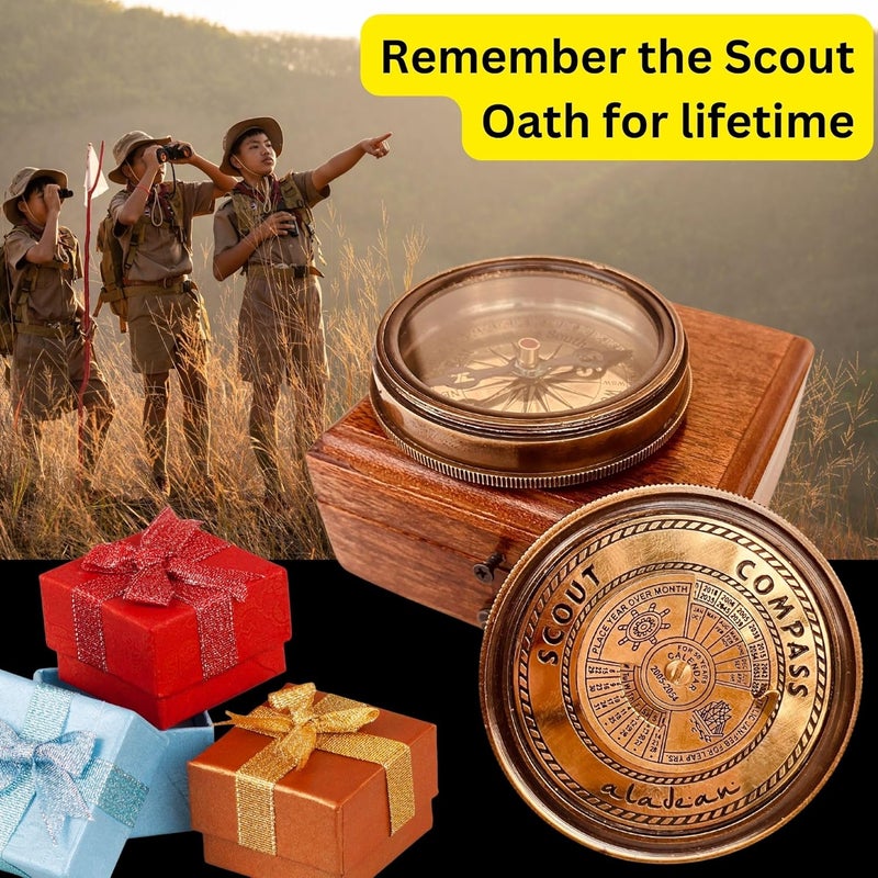 ALADEAN Scout Compass Gift Boys - Engraved Scout Oath Compass in wood Box Scout Always Prepared Camping Orienteering Compass, Hiking Backpacking Compass gift, 50 year calander - Image 5